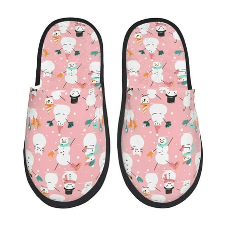 Balery Cute Pink Snowman Cat Slient Indoor Furry Fleece Comfort House Shoes Soft Non-Slip Home Shoes Cotton slippers House Slippers-- Large