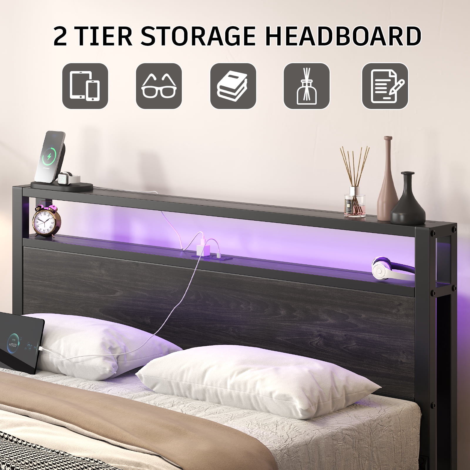 Queen Size Bed Frame with Storage Headboard, Metal Platform Bed with LED Lights & Charging Station, Heavy Duty Metal Slats, Black