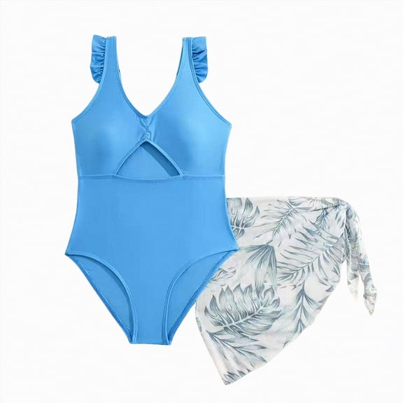 enyan Girls One Piece Swimsuit Cut Out Ruffle Bathing Suit Twist V Neck Swimwear Solid Color with Cover Up Skirt,Blue,13-14 Years