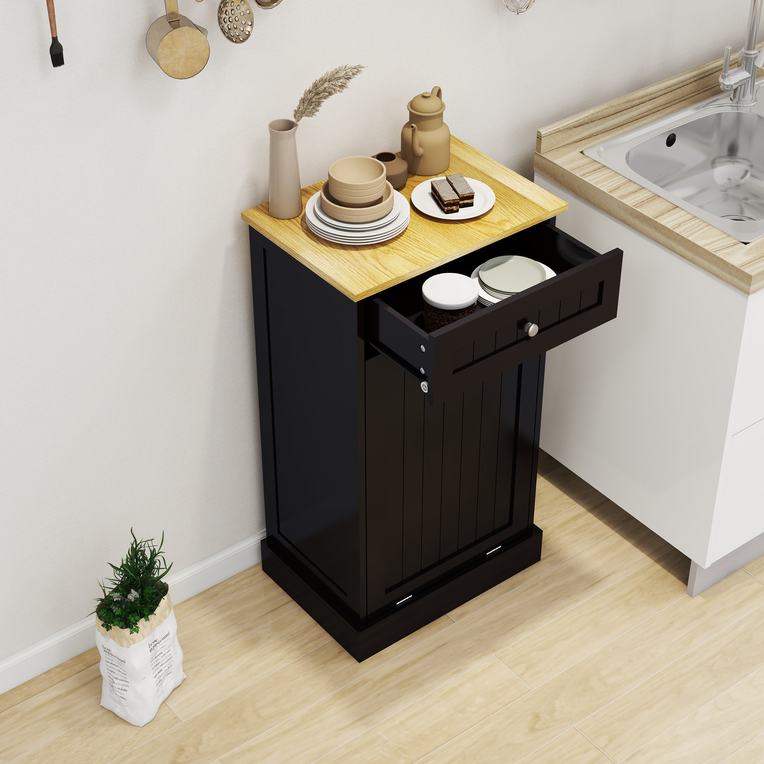 Aukfa Tilt Out Trash Cabinet,10 Gallons Freestanding Kitchen Trash Bin Cabinet,Black
