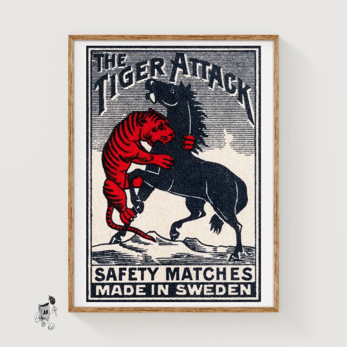 Tiger Attacking Horse Swedish Matchbox Wall Art Decor Unframed Paper Print