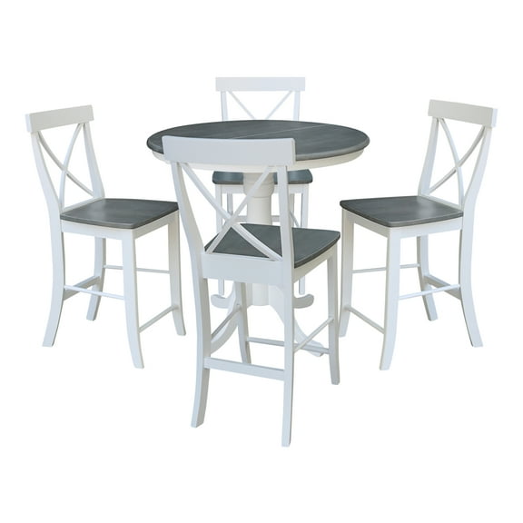 36" Round Solid Wood Extension Dining Table With 4 Cross Back Counter Height Stools in White/Heather Gray by International Concepts