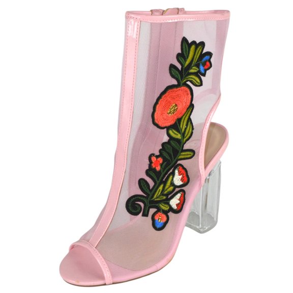 Delicious Shoes Women Open Toe Mesh Ankle Booties Embroidered Floral Block Clear High Heel Sandals Side Zipper YLANG Pink 5.5