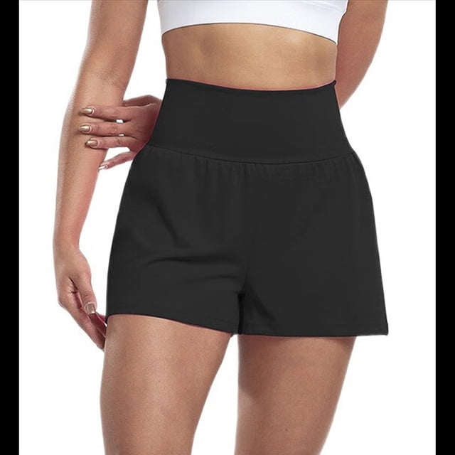 Pantalones Cortos Fluidos para Correr, para Mujer, para Entrenamiento, Atletismo, Gimnasio, Yoga, Cintura Alta, con Bolsillos, Verano. Negro L