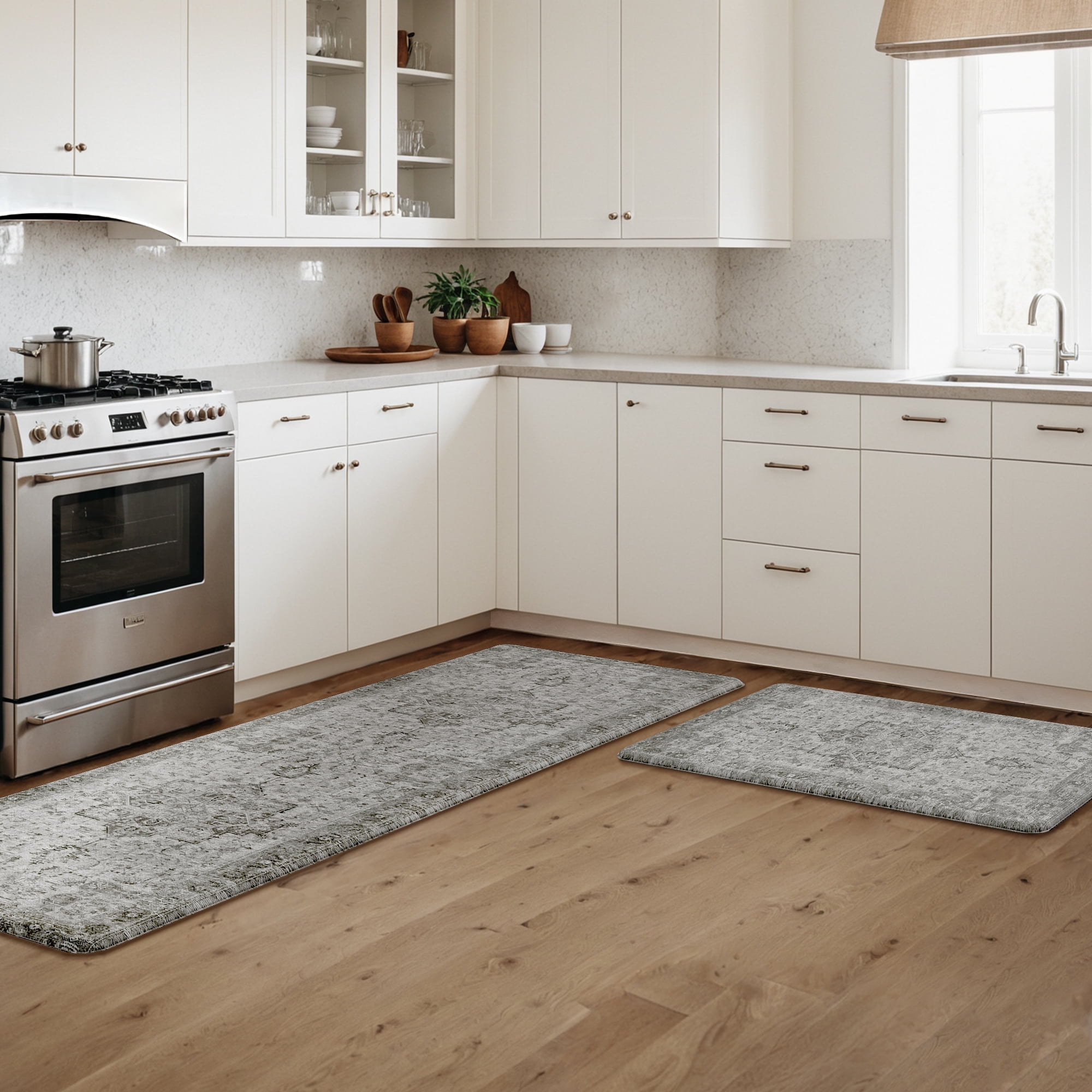 KUETH Kitchen Mats for Floor, Kitchen Rug with Anti Fatigue, Non Slip Washable Kitchen Rug, Set of 2 Kitchen Mat 17"x59"+17"x30", Runner Rug with Waterproof for Bathroon and Bedroom