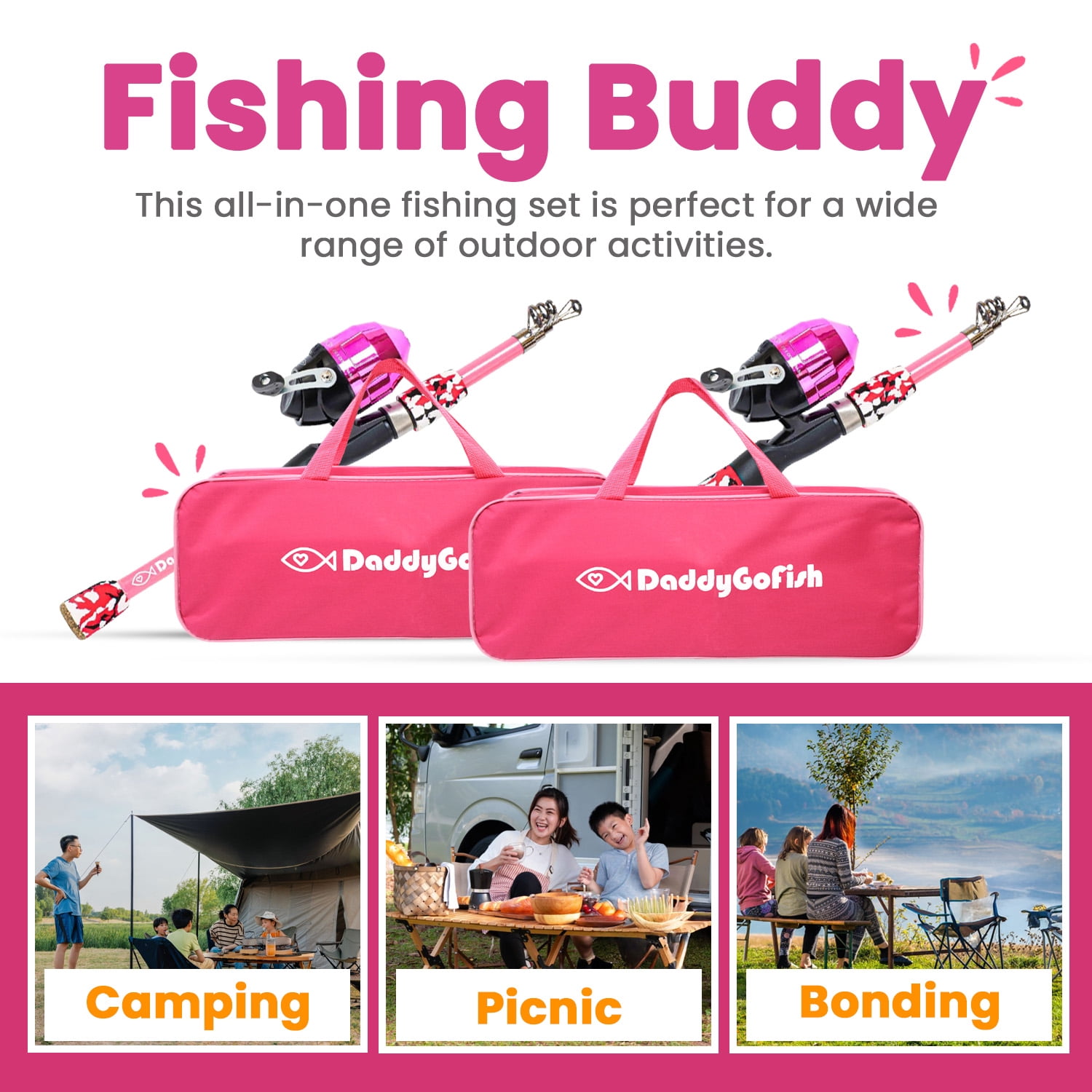 DaddyGoFish Kids Fishing Pole - Rod Reel Combo Tackle Box Starter Set - First Year Small Gear Kit for Boys Girls Toddler Youth Age Beginner Little Children (Essential Set, Pink + Pink, 4ft)