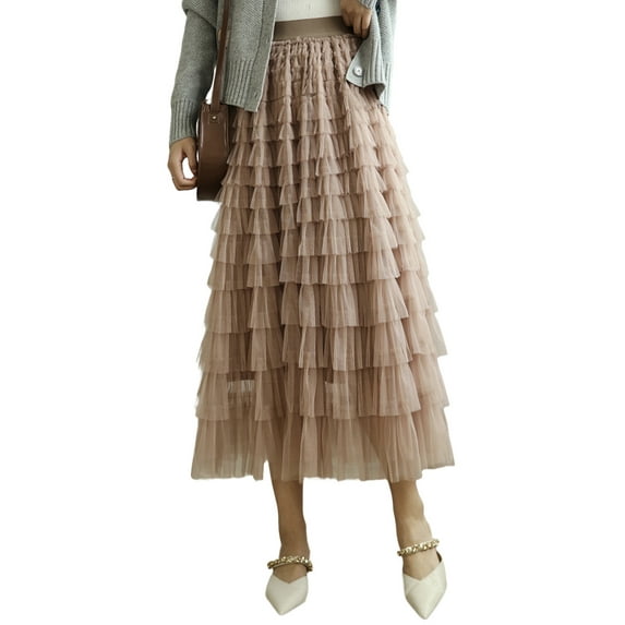 Coduop Women Long Cake Skirt Elastic Waist Tiered Tulle Layered Princess Wedding Casual Midi Skirt