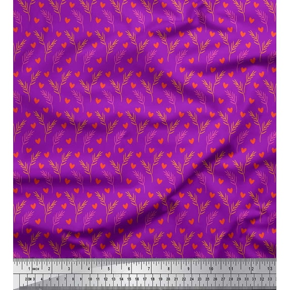 Soimoi Purple Heavy Satin Fabric Leaves & Heart Printed Craft Fabric by the Yard 54 Inch Wide