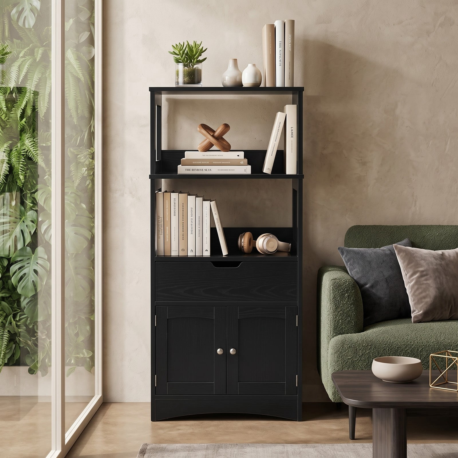 ALPULON Bathroom Storage Cabinet with Drawer and Shelf, Freestanding Floor Cabinet, Waterproof MDF Organizer for Bathroom Bedroom Entryway Living Room, Anti-Tip, Black