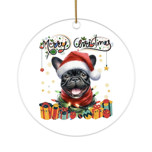 Merry Christmas Santa French Bulldog Scarf Twinkling Lights Xmas Holiday Acrylic Round Ornament Dog Lover Gifts Home Tree Decor - 00022