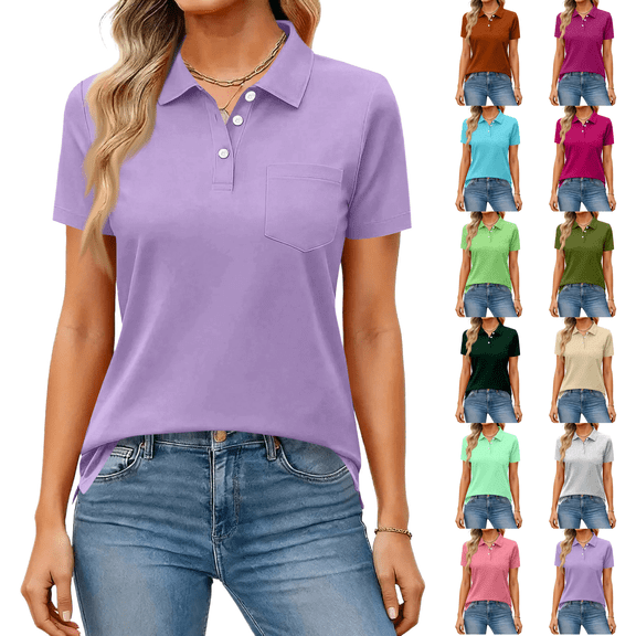 Womens Polo Shirt Short Sleeve Collared Top Button Down Breathable Regular Fit Work Golf Tennis Basic Dressy Blouses Light Purple L