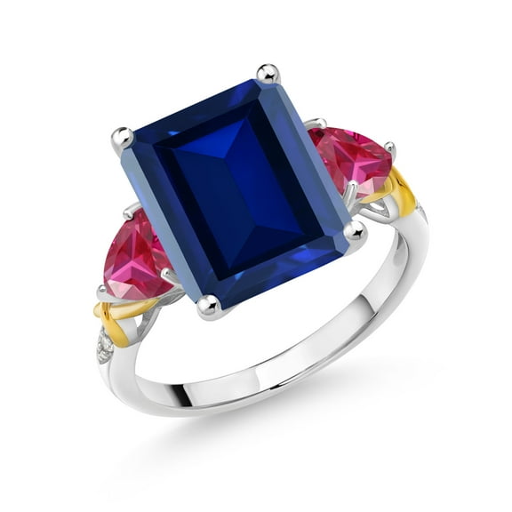 Gem Stone King 925 Silver and 10K Yellow Gold Blue Simulated Sapphire Red Created Ruby and Diamond 3 Stone Ring for Women (7.58 Cttw, Gemstone Birthstone, Emerald Cut 12X10MM, Size 6)