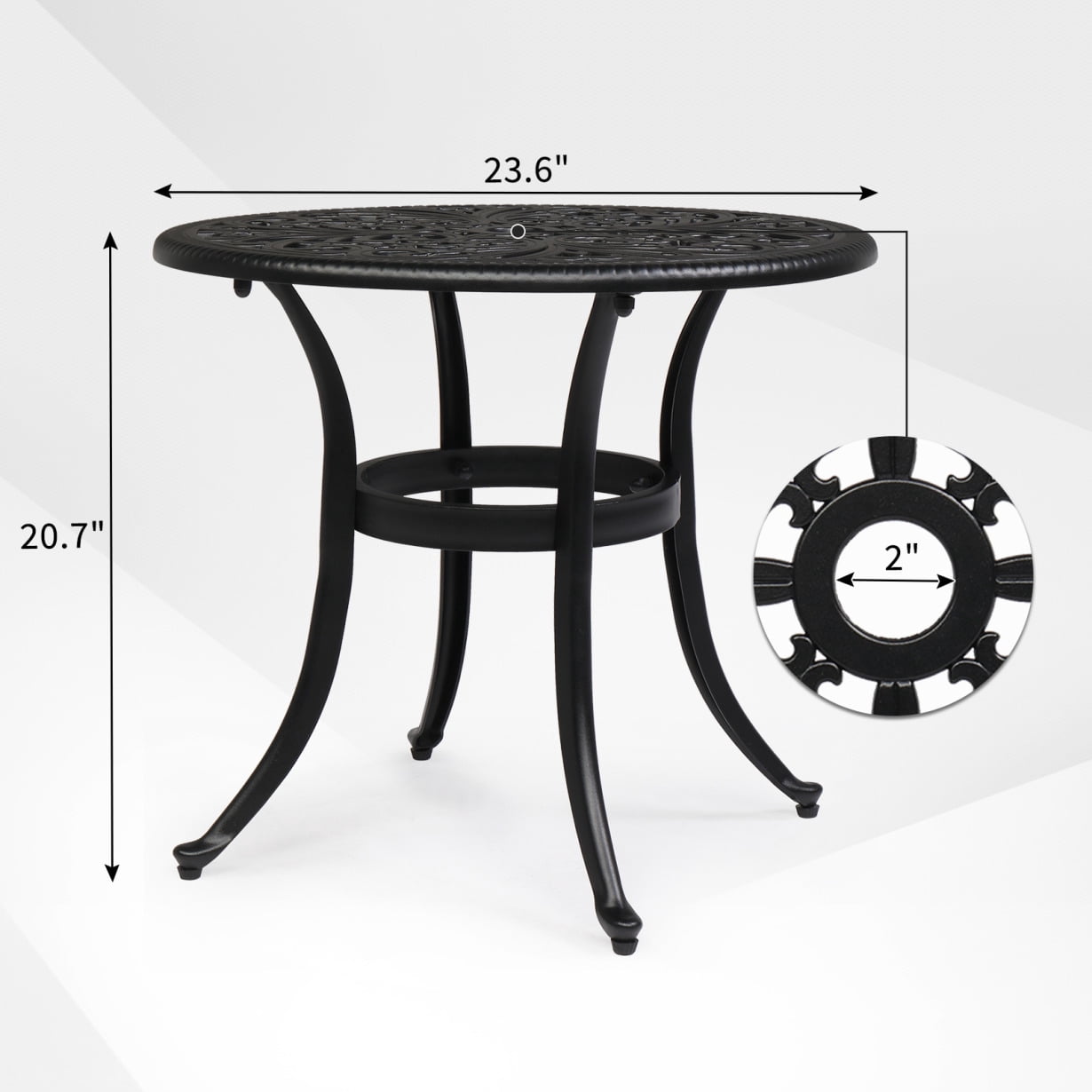 23.6 inch Patio Side Table, Cast Aluminum End Table with Adjustable Footpads, Outdoor Small Coffee Table with Umbrella Hole, Round Metal Patio Table for Poolside, Backyard, Balcony