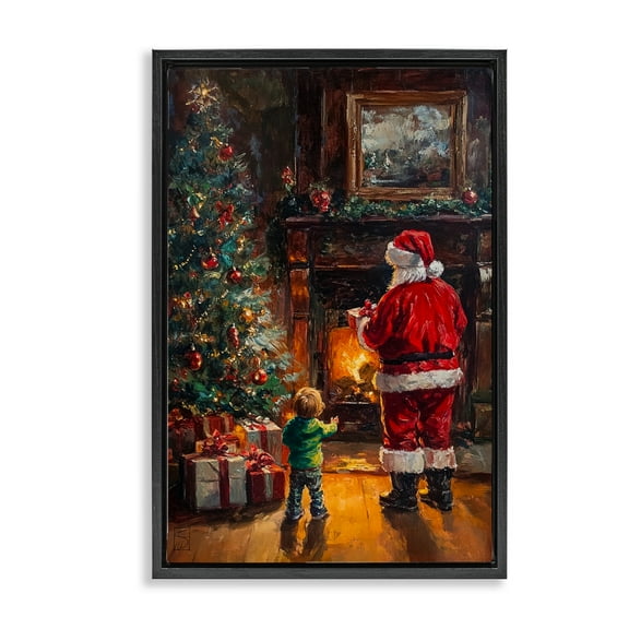 Stupell Industries Santa & Child by Fireplace Black Framed Floater Canvas Wall Art, design by Sara Culpepper, 25 x 17