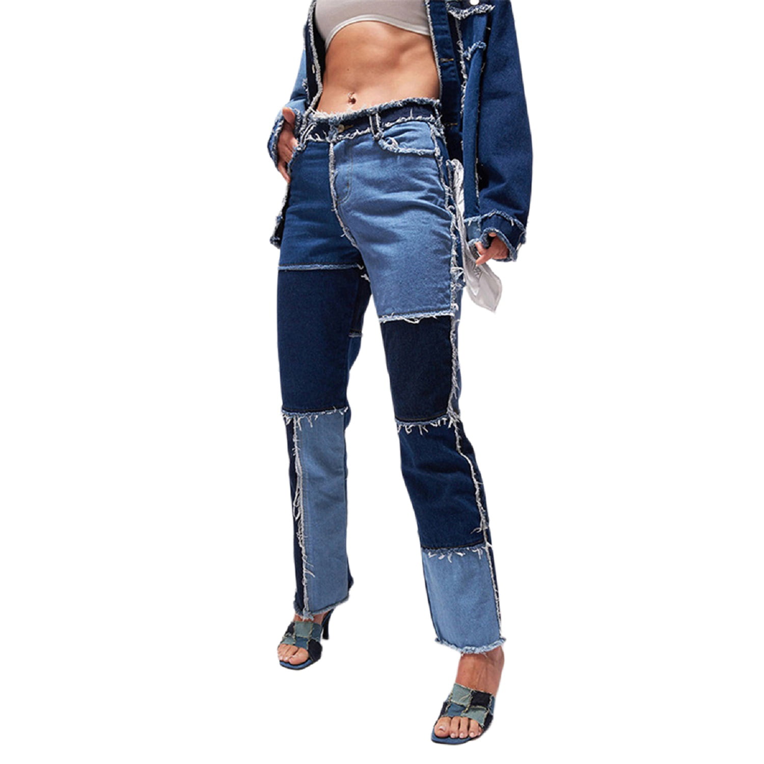 Women 's Y2K High Waist Patchwork Straight Denim Jeans Color Block ...