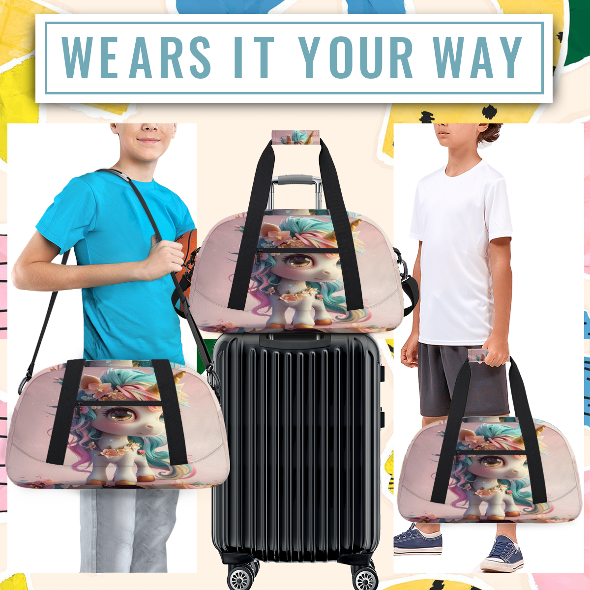 Herdesigns Unicorn Sports Duffle Bag for Women & Men, Cute Gym Bag Dance Bag Overnight Bag Carry On Weekender Travel Bag