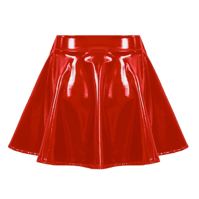LiiYii Jupe Courte Évasée en Cuir Verni Brillant pour Femmes Boîte de Nuit Bar Danse Pole Fermeture Éclair Robe Courte Rouge G