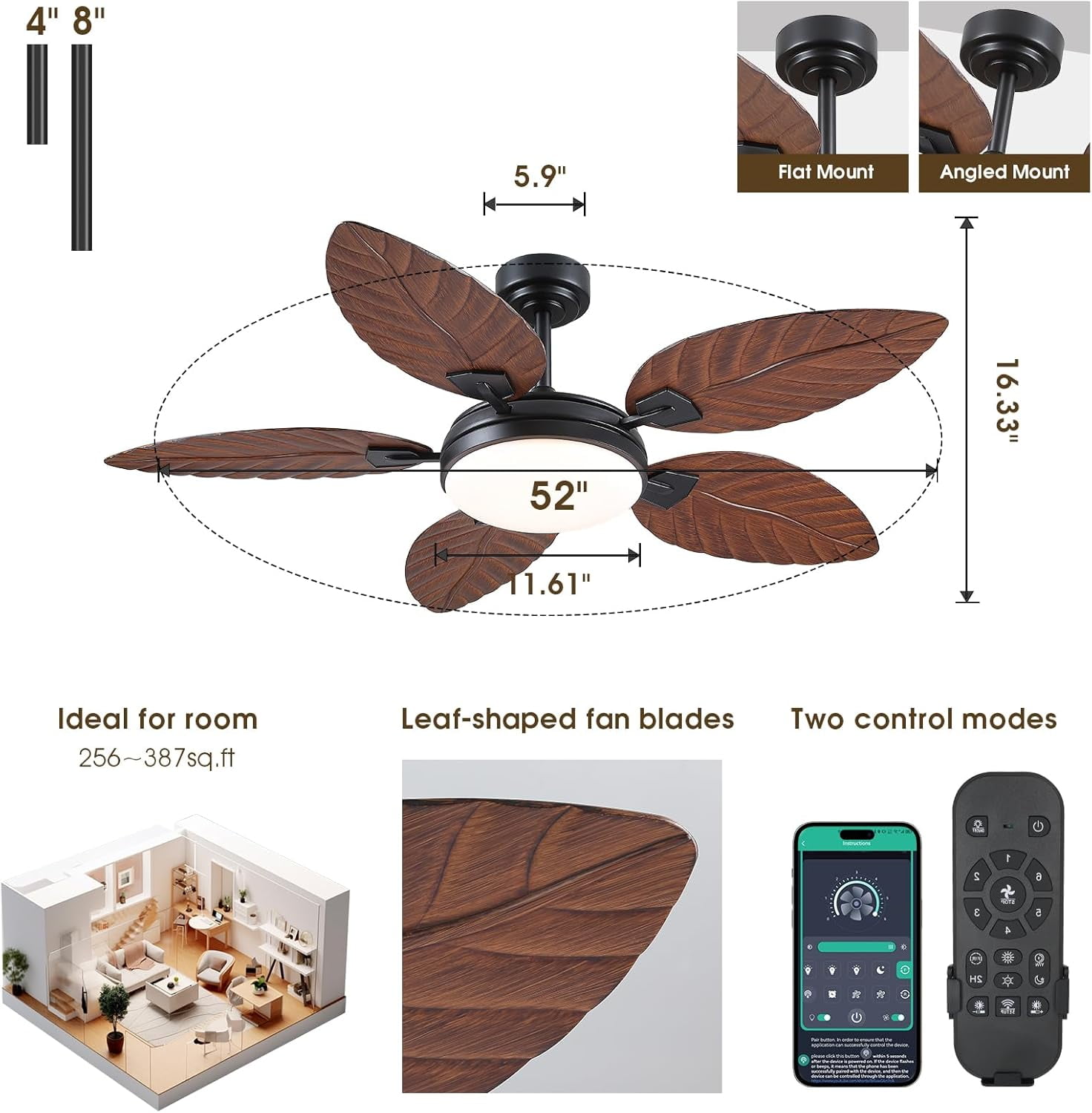 PHORUS 52" Brown Tropical Ceiling Fan with LED Light, Remote & App Control, Quiet Reversible DC Motor, 6 Speeds, Dimmable 3-Color Lighting – Indoor & Covered Outdoor