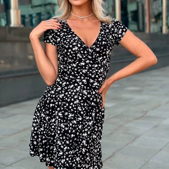 NTACZA Women'S Dresses Sundress Daisy Print Casual Boho Short Faux-Wrap Short Sleeve V-Neck Vacation Size L
