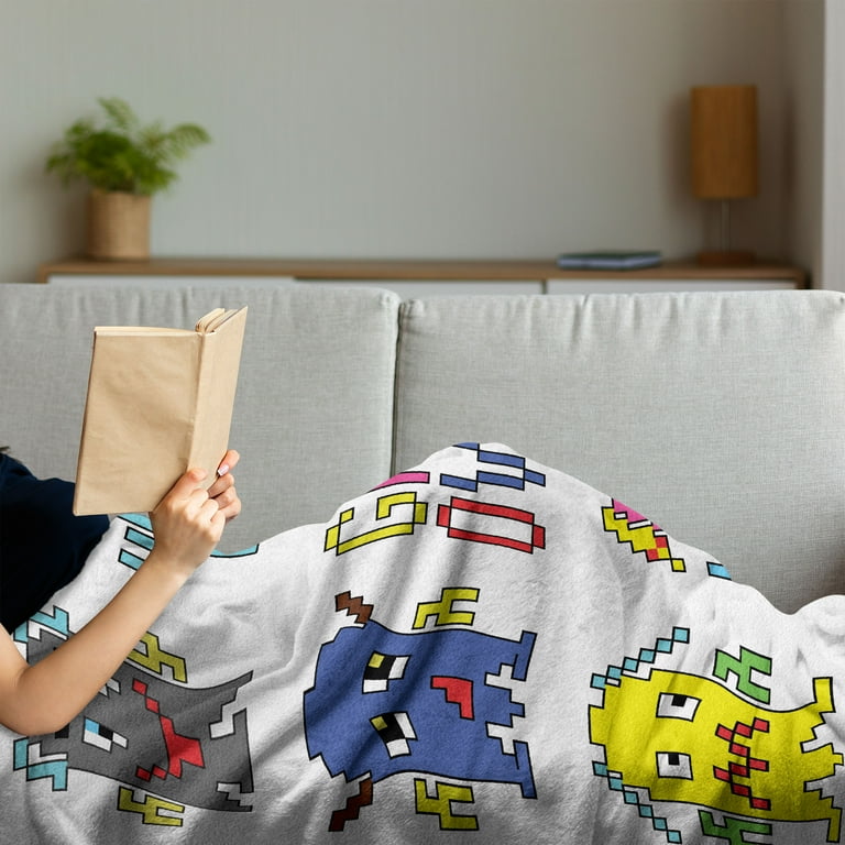 90s Soft Flannel Fleece Blanket Pixel Robot Emoticons with Game over Sign Inspired by 90 s Computer Games Fun Artprint Cozy Plush for Indoor and Outdoor Use 50 x 60