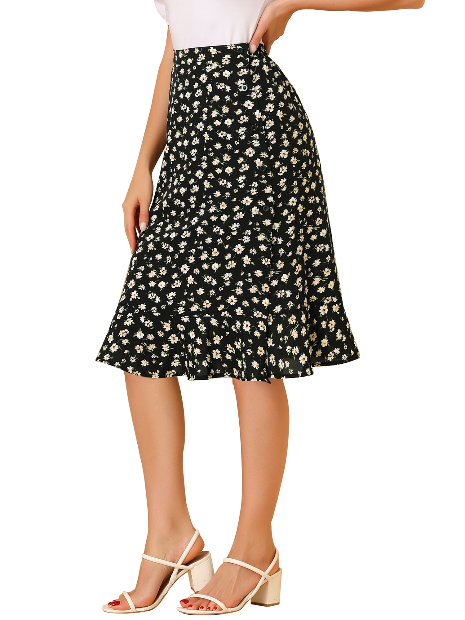DARING DIVA Women's Floral Ruffle Hem Elastic Back Split Skirt M Black