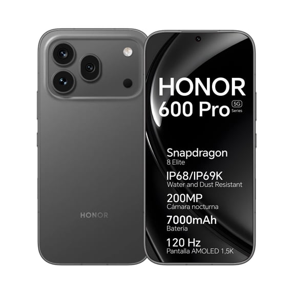 Teléfono HONOR 600 Pro 5G 12GB+512GB Snapdragon 8 Elite Cámara Principal 200MP Batería 7000mAh Carga 80W, eSIM, Negro