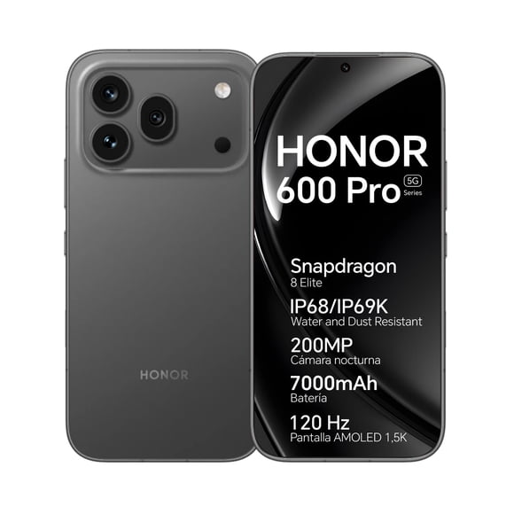 Teléfono HONOR 600 Pro 5G 12GB+512GB Snapdragon 8 Elite Cámara Principal 200MP Batería 7000mAh Carga 80W, eSIM, Negro