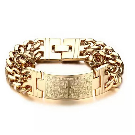 HOOUN Men Gold Stainless Steel Biblical cross design ID Bracelet Curb Chain 18mm 8.3''