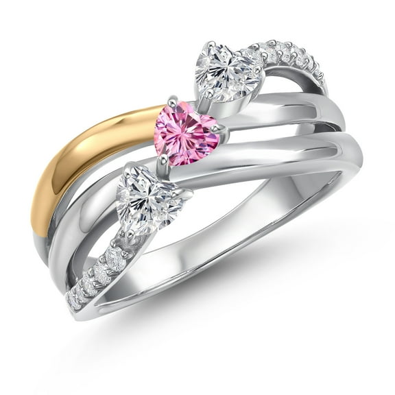 Gem Stone King 925 Silver and 10K Yellow Gold Lab Grown Diamond and Pink Moissanite and Lab Grown Diamond Engagement Ring for Women | 0.92 Cttw | Heart Shape Gemstone April Birthstone | Size 7