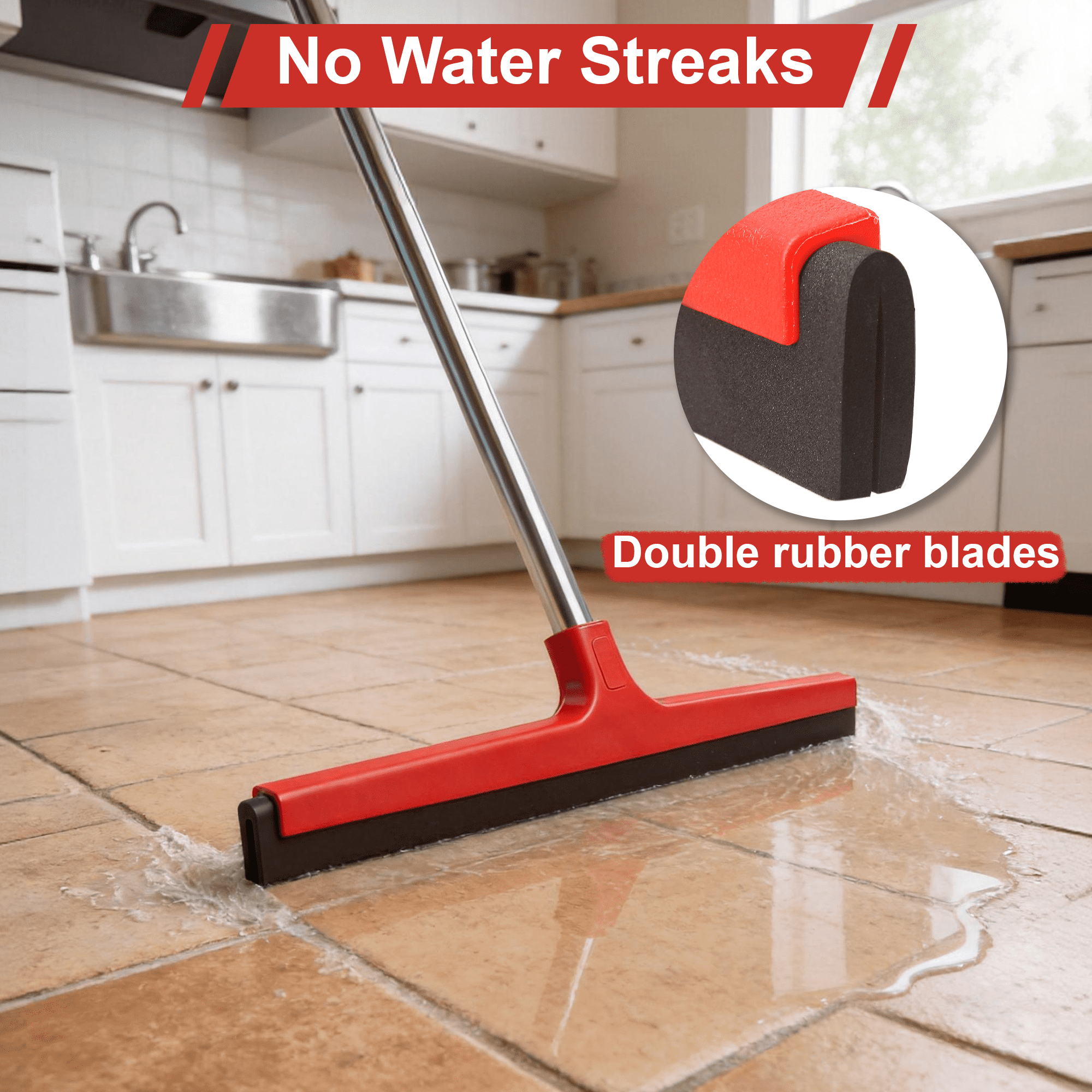 GARITIN Floor Squeegee with Long Stainless Steel Handle, Heavy‑Duty Rubber Squeegee for Shower, Bathroom, Tile, Glass Window, Water Removal Wiper for Home Garage Cleaning