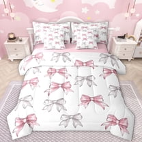 Manfei Lovely Bowtie Ribbon 7-Piece Twin Bedding Sets,Cute Bow Pattern Bedding Comforter Set,White Silver Pink Sheet Sets For Teens,Ultra Soft Home Decor Reversible