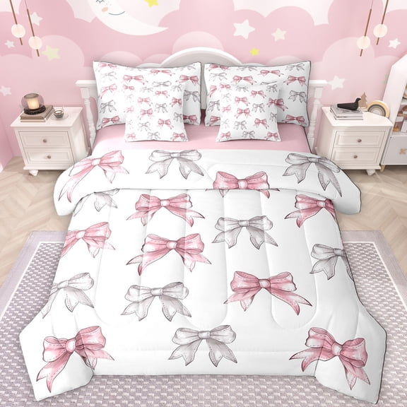 Manfei Lovely Bowtie Ribbon 7-Piece Twin Bedding Sets,Cute Bow Pattern Bedding Comforter Set,White Silver Pink Sheet Sets For Teens,Ultra Soft Home Decor Reversible