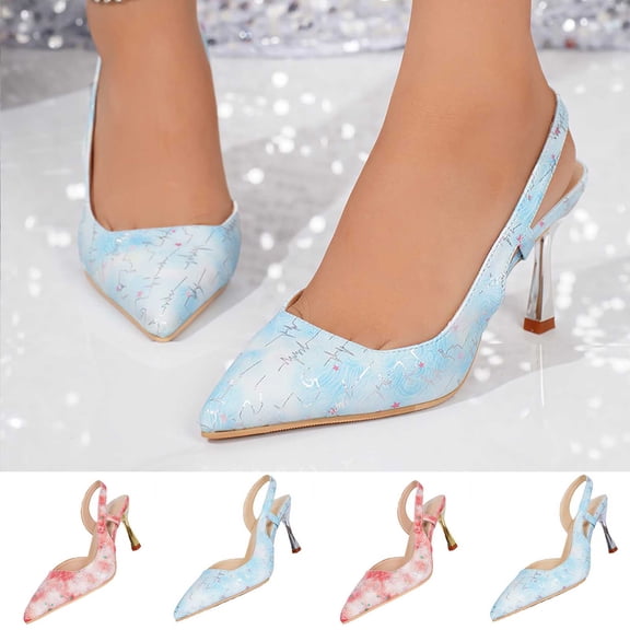 Women's Wave Print Pointed Toe Slingback Heels, Trendy Metallic Stiletto Pumps, Comfortable Closed Toe Dress Shoes for Spring Summer, Plus Size Available for Wide Feet, Fashionable Outdoor Heels