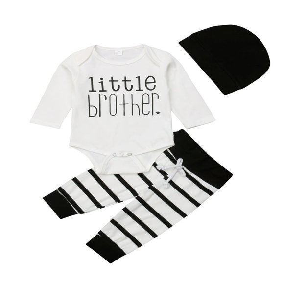 Newborn Baby Boys Little Brother Romper+Striped Pants+Hat Outfits Set