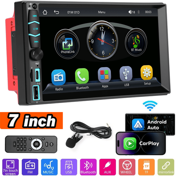 WOLFWO Double Din Car Stereo with Wireless Apple CarPlay & Android Auto, 7" LCD Touchscreen | Bluetooth 5.1 | Phone Mirror-Link | AM/FM Radio | Steering Wheel Control