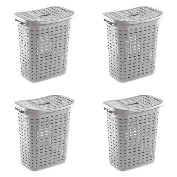 Sterilite Large Weave Laundry Hamper with Lid, Plastic Décor Pattern and 2 Carry Handles, Gray, 4 Pack
