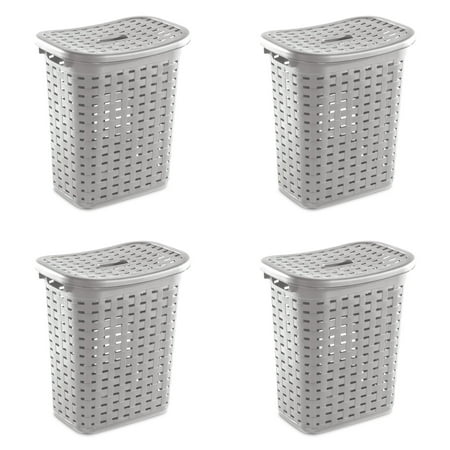 Sterilite Weave Laundry Hamper with Lid, Plastic Décor Pattern and 2 Carry Handles, Gray, 4 Count