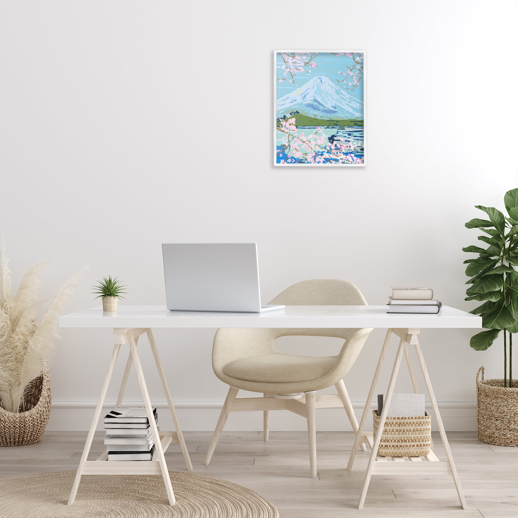 Stupell Industries Pixel Mount Fuji Landscape Painting White Framed Art Print Wall Art, 16 x 20