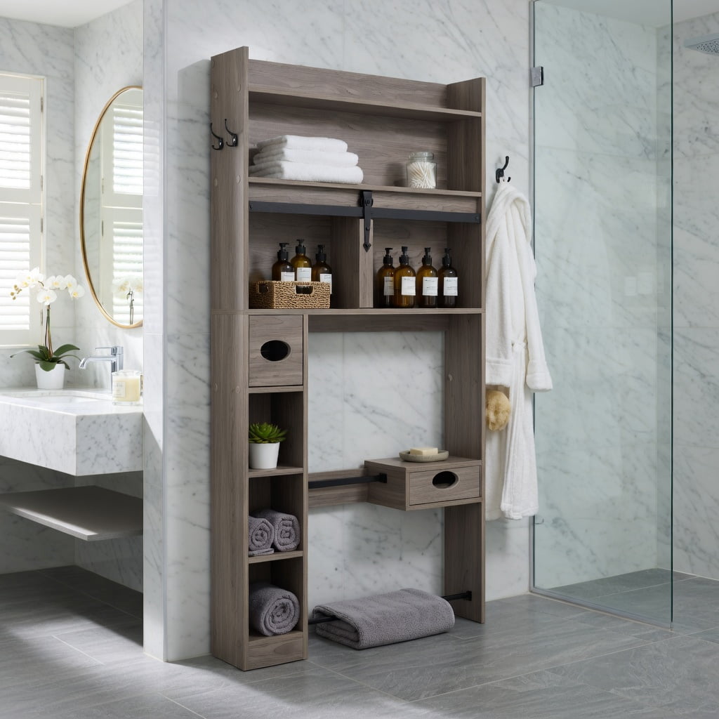 Hommoo Over-the-Toilet Storage Cabinet with Sliding Barn Door, Adjustable Shelves & Toilet Paper Holder, Gray