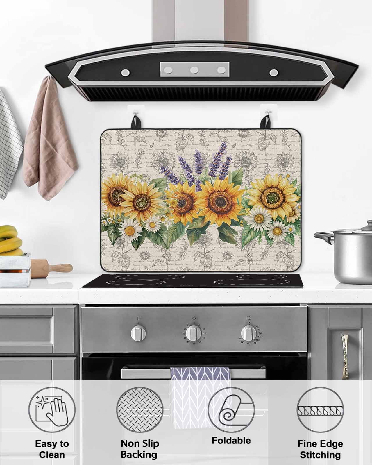nqOlkjepod Large Induction Cooktop Protector Mat 24"x21", Sunflower Stove Top Covers for Electric Stove, Summer Botanical Lavender Farmhouse Decorative Stove Burner Cover Mats, Glass Top Stove Cover