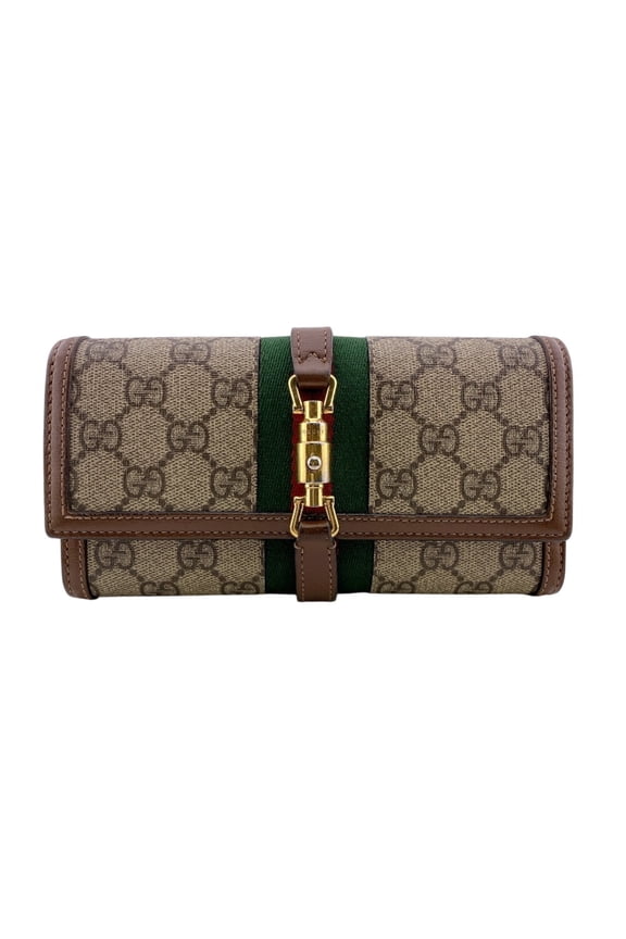 Pre-Owned GUCCI 652681 Jackie GG Supreme Long Wallet, Card Holder, Coin Purse, Brown
