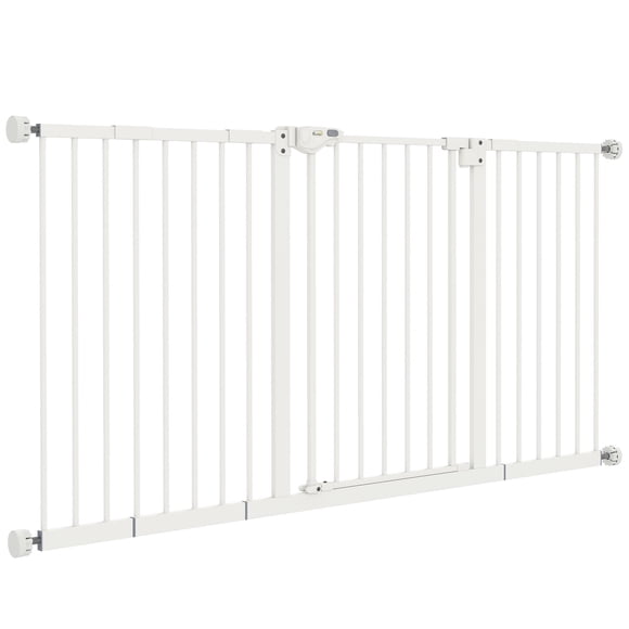 Adjustable White Pet Gate with Door - 30” Tall, Metal & Plastic Dog Barrier for Stairs, Hallways & Entryways - Indoor Pet Safety Fence with Extensions