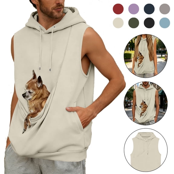 Xcmzpl Men's Carrier Hoodie Sleeveless Big Pet Pouch Sweatshirt Puppy Kitten Holder Carrier Pullover Top Kangaroo Pocket Sweat Shirts for Men