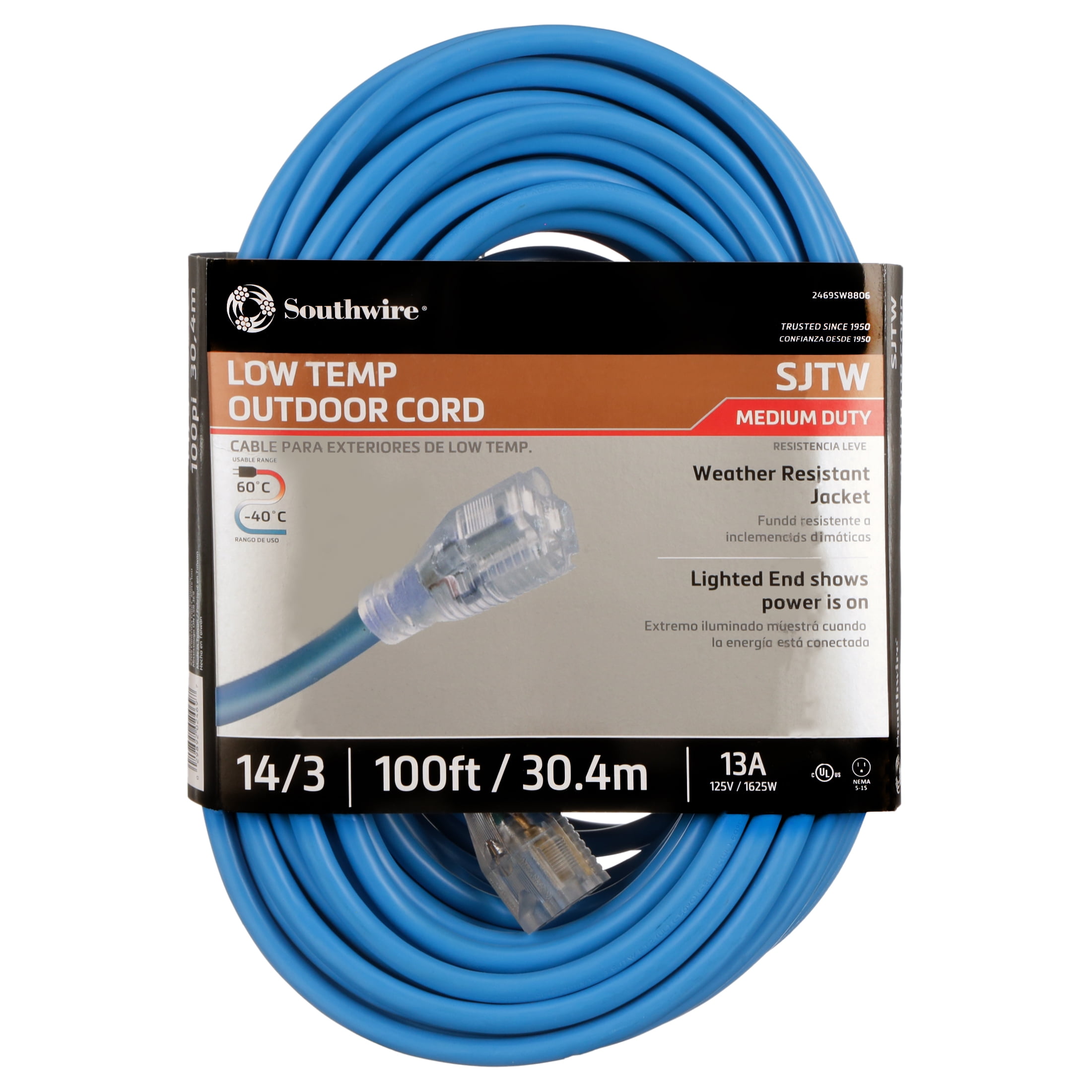 Coleman Cable 2469SW8806 14 Gauge 100 ft Blue 1 Outlet Outdoor Extension Cord