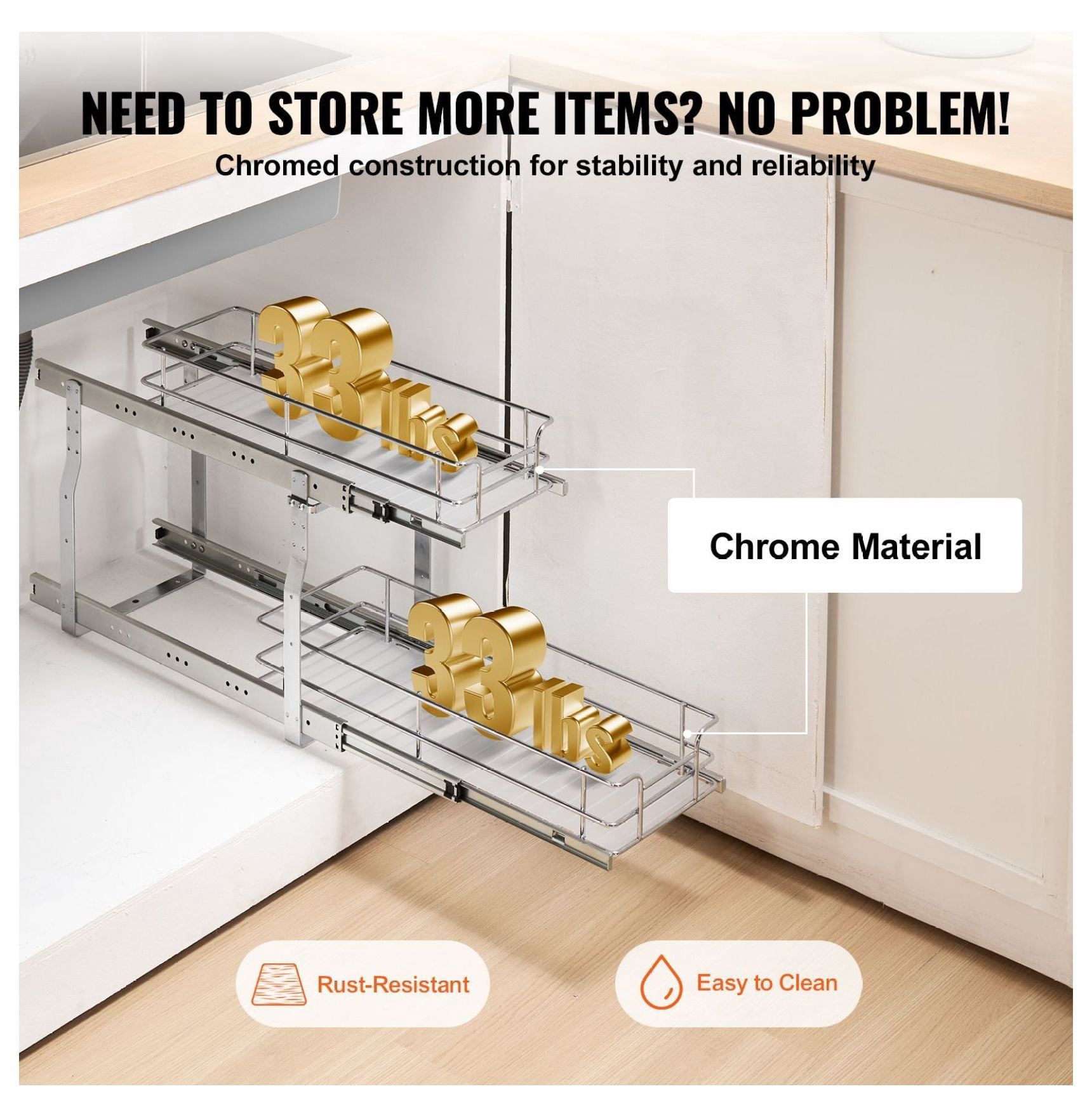 Pull Out Cabinet Organizer 8.5"x21", Slide Out Pantry Shelves, Steel Roll Out Drawers, Under Sink Storage, 10"x22" Install Size, Adjustable Dividers