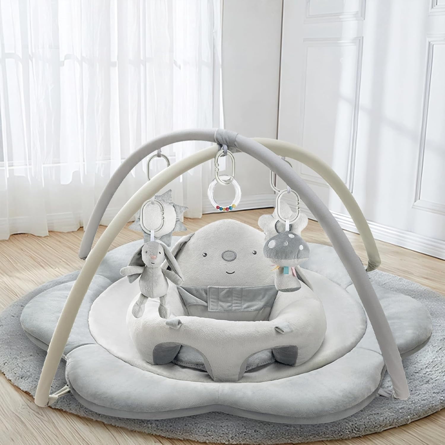 Baby Gym Play Mat, Sitting-up Babies Seats for Infants,with 5 Detachable Toys, Infant Toddler Activity Tummy Time Playmats for Newborn 0-12 Months, Grey