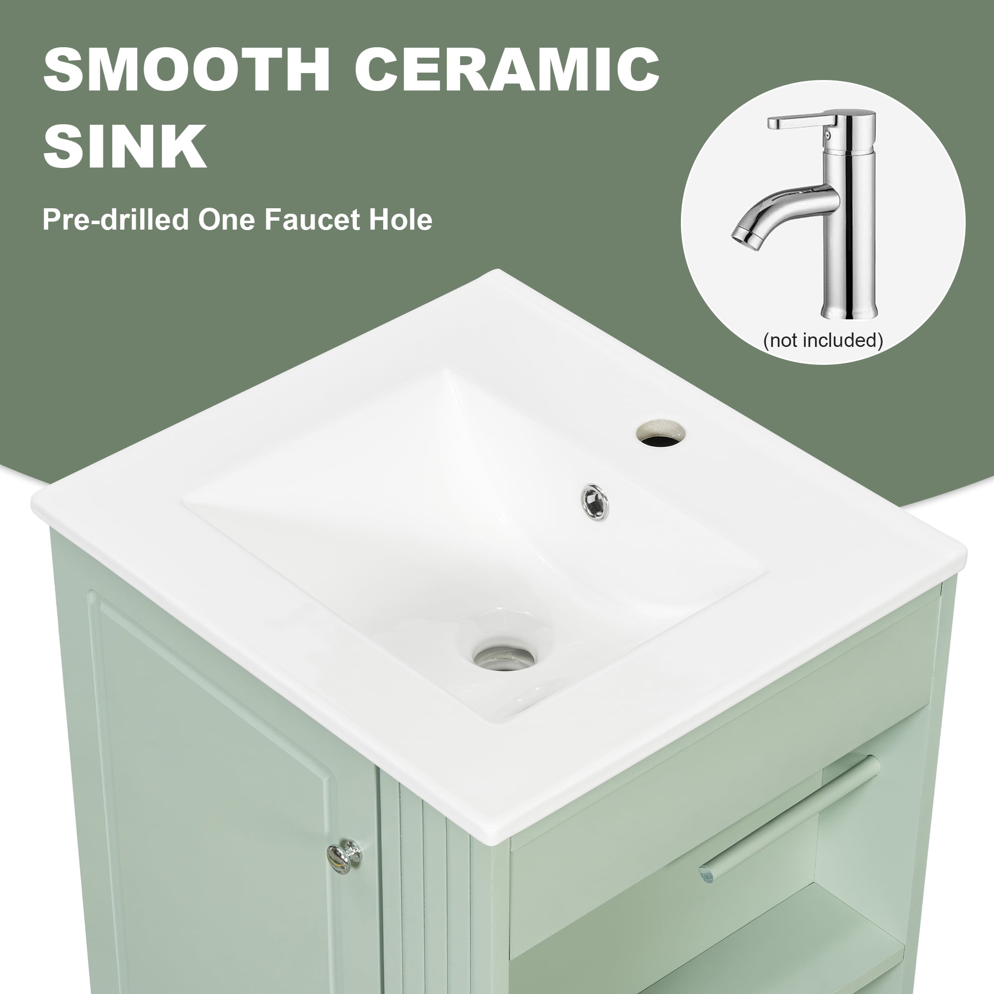 Euroco 20" Freestanding Bathroom Vanity with Ceramic Sink, Single Faucet Hole, MDF Storage Cabinet with Soft-Close Drawer, Open Side Shelves with Pinewood Towel Bar
