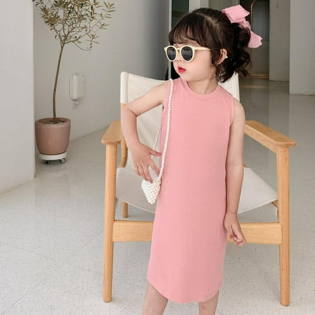 

Girl Summer cotton Long Dress elastic sleeveless vest Sundress solid color kids slim all-match sundress Koreao Kid Clothing