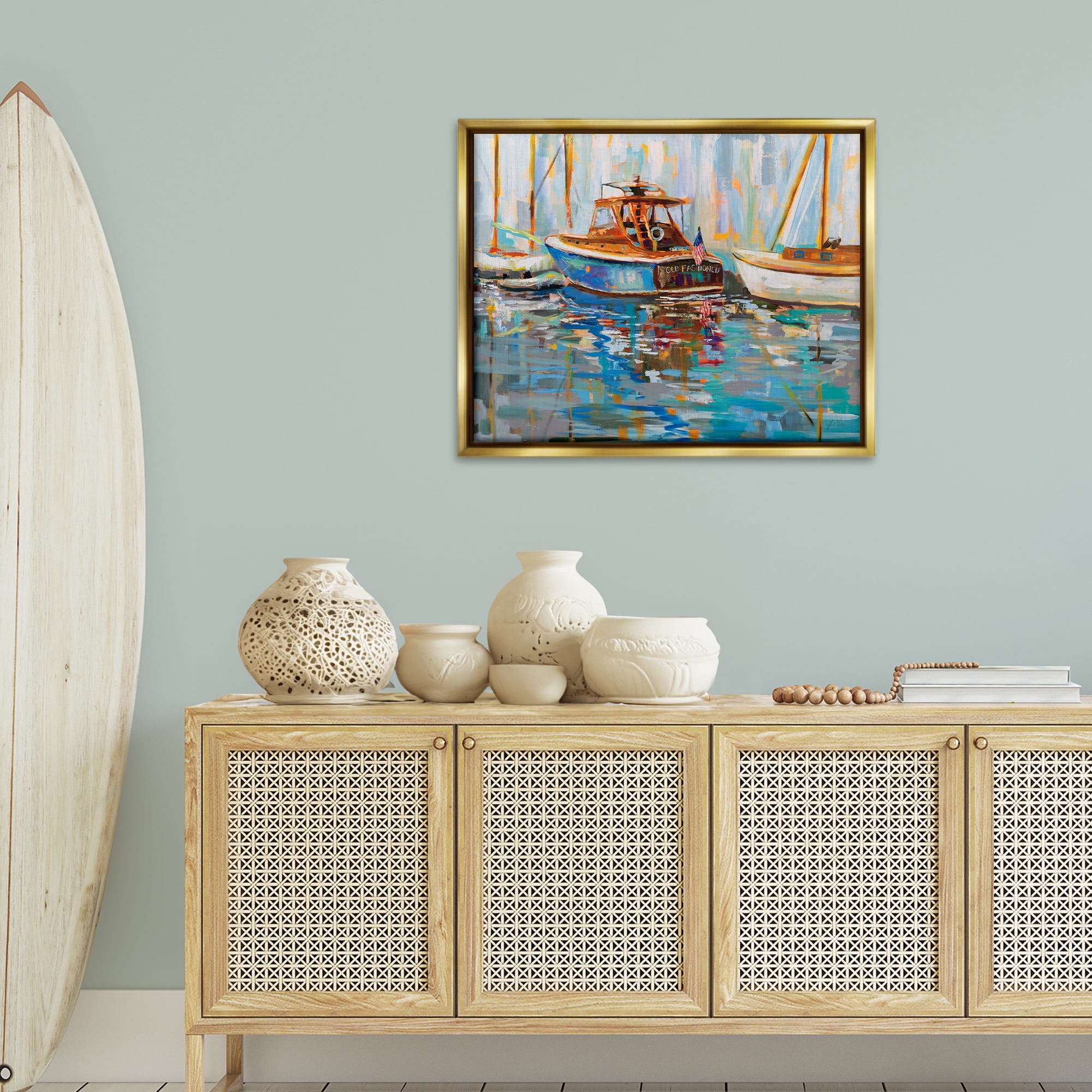 Stupell Industries Old Fashioned Boat Harbor Nautical & Beach Painting Gold Floater Framed Canvas Art Print Wall Art, 31 x 25
