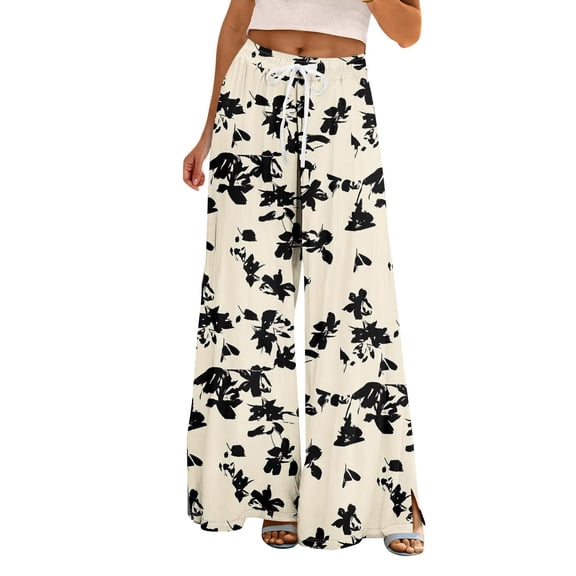 Jxximdong Palazzo Pants for Women, Petite High Waist Wide Leg Summer Beach Vacation Pants Boho Casual Palazzo Trousers, Beige Womens Casual Trousers